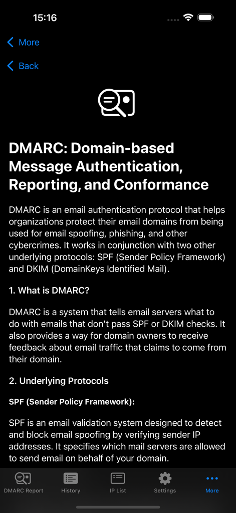 DMARC Aide - DMARC Aide app interface showing a detailed explanation of DMARC and SPF protocols for email security.