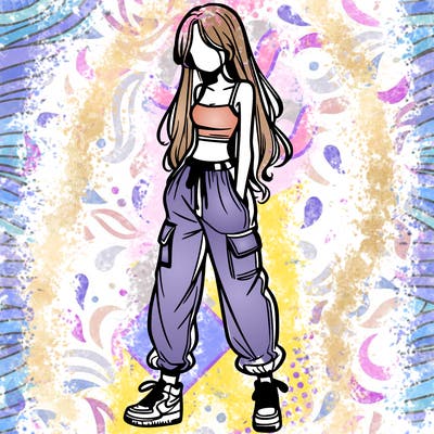girl in baggy pants crop top and long hair