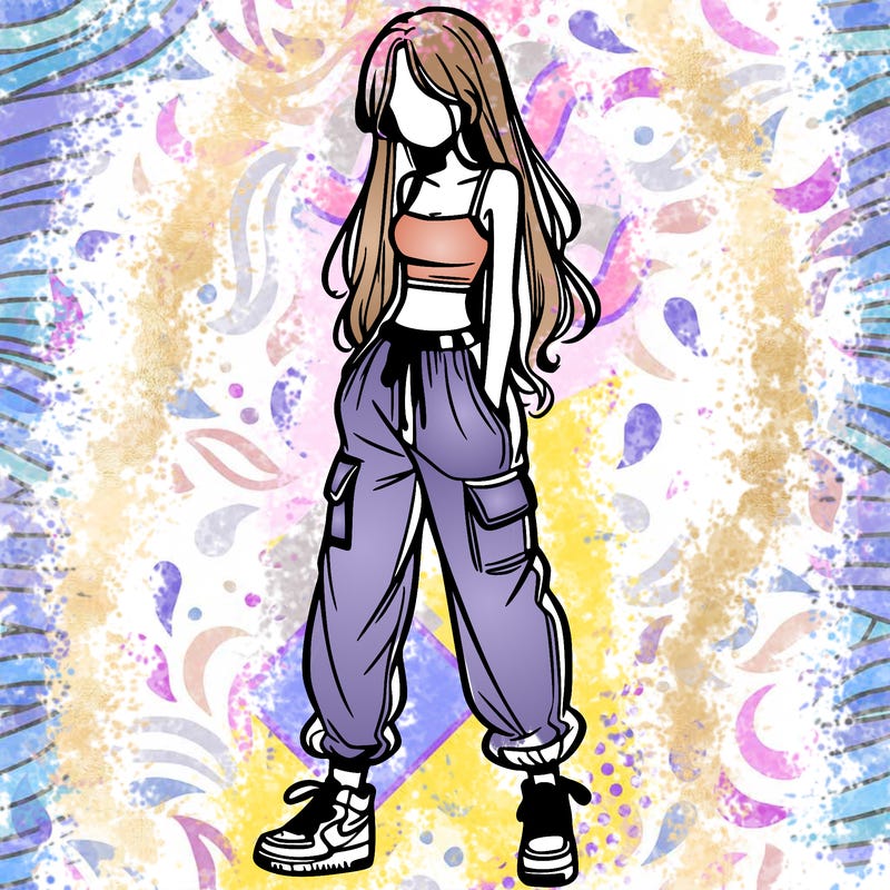 girl in baggy pants crop top and long hair