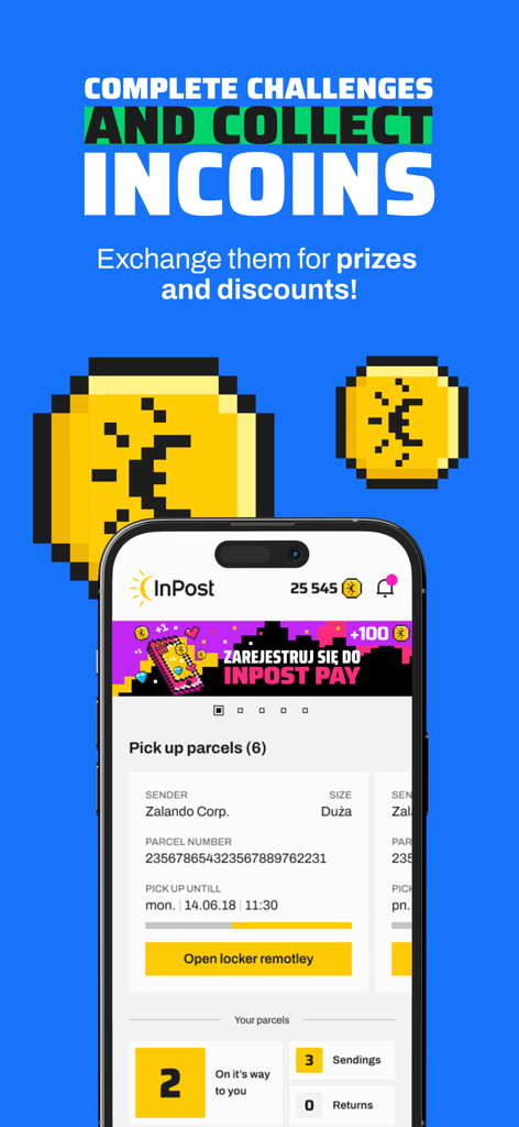 InPost Mobile - InPost Mobile app interface showing Incoins loyalty program and remote locker opening button for parcel pickup