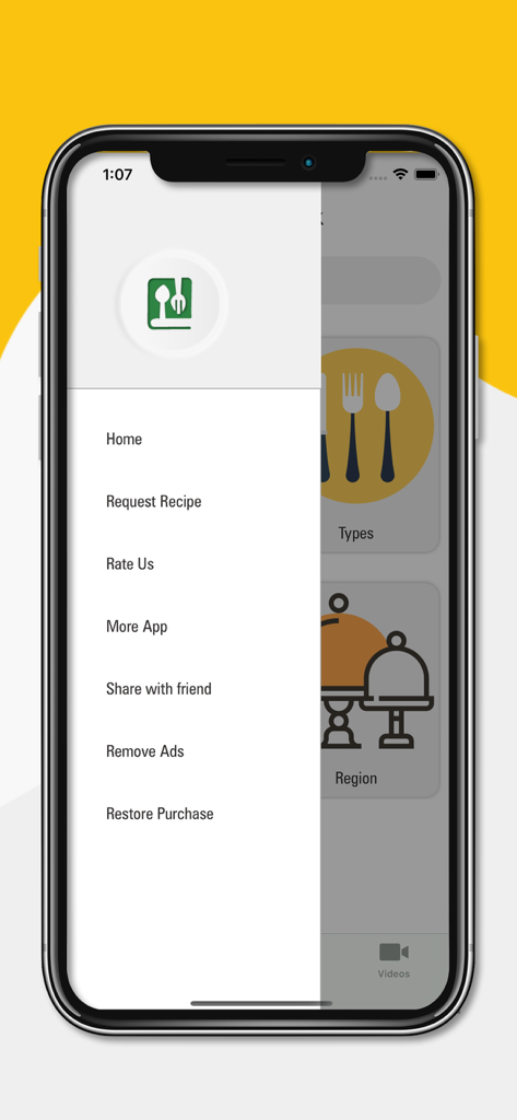 Easy Kitchen Recipes - Easy Kitchen Recipes app side navigation menu showing options like Request Recipe and Share with friend on an iPhone