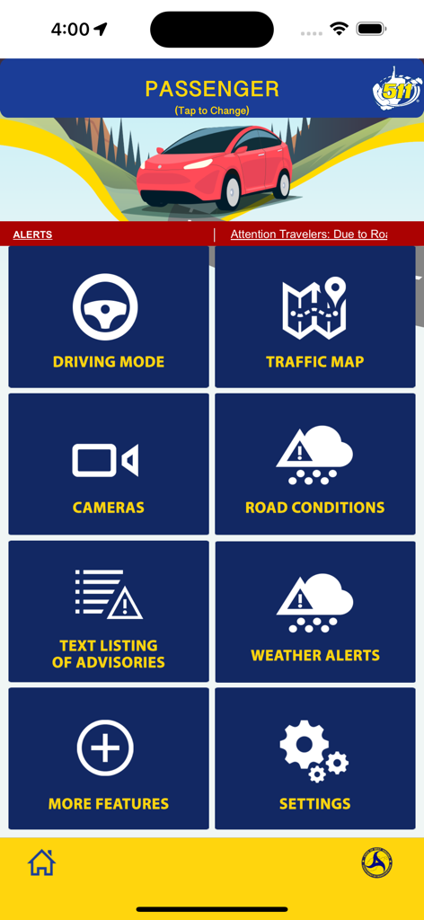 WV 511 Drive Safe mobile app menu showing features like driving mode traffic map cameras and road conditions
