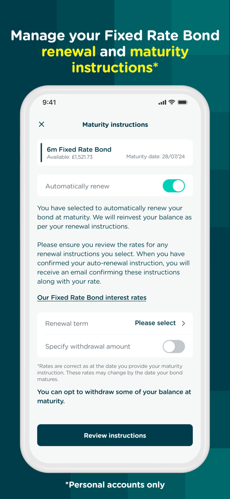 Pantalla móvil de la aplicación Cynergy Bank para gestionar las instrucciones de vencimiento y renovación de bonos a tipo fijo
