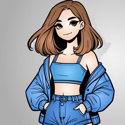 a realistic girl with a crop top and short shorts in an open jacket