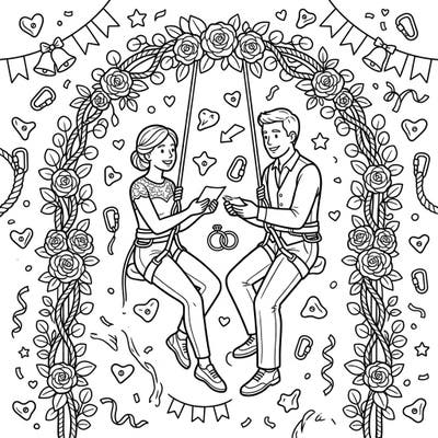 Discover a truly unique celebration with our Indoor Climbers Wedding coloring page, where adventure meets romance. This delightful scene features a happy couple exchanging vows while suspended on a floral-adorned climbing wall, perfect for adding your personal touch.