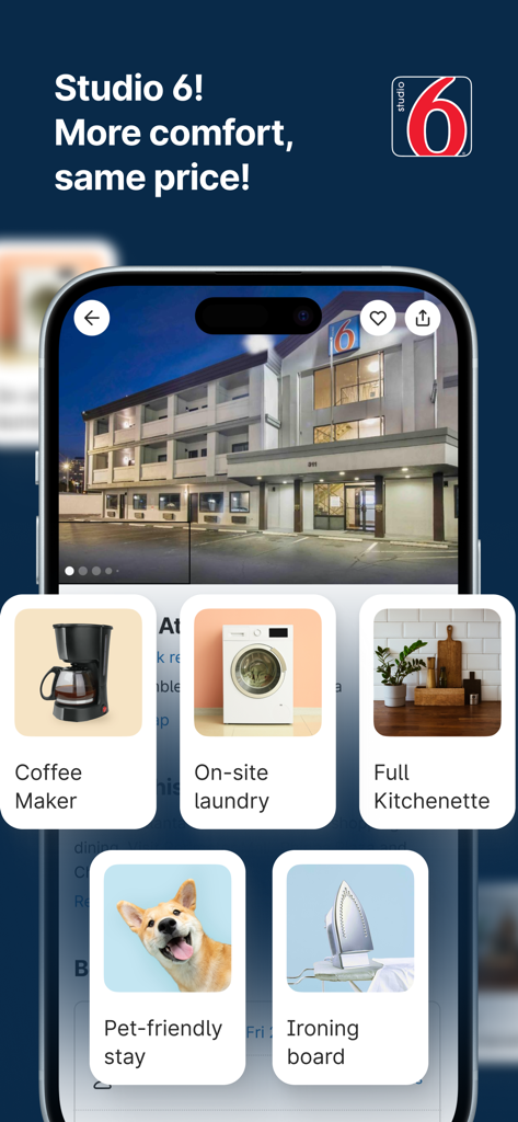 Studio 6 hotel amenities including pet friendly stays and kitchenettes in the My6 app