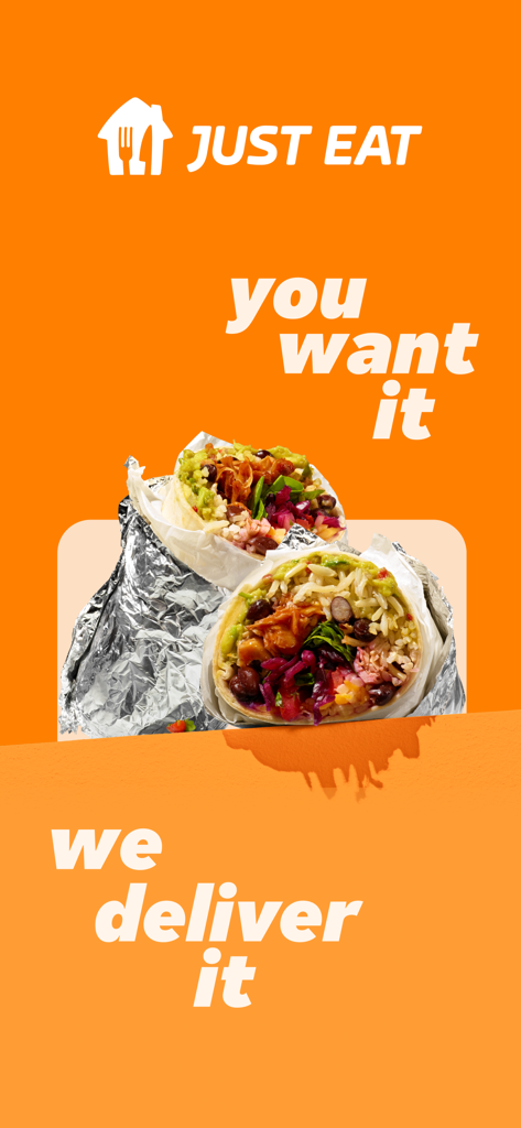 Just Eat Werbebildschirm mit frischen Burritos und Liefer-Slogan auf orangefarbenem Hintergrund