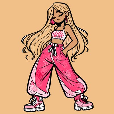 girl in baggy pants crop top and long hair