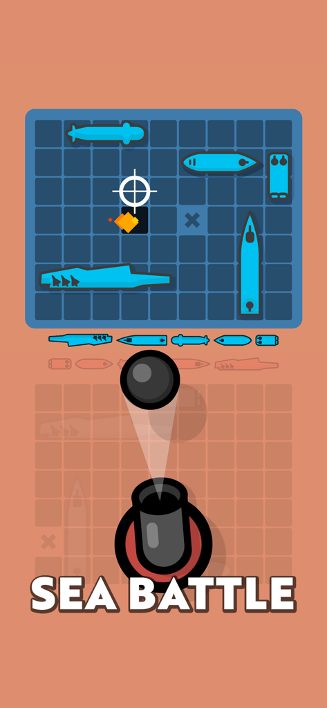 Interface do mini-jogo Batalha Naval com grade de navios e canhão