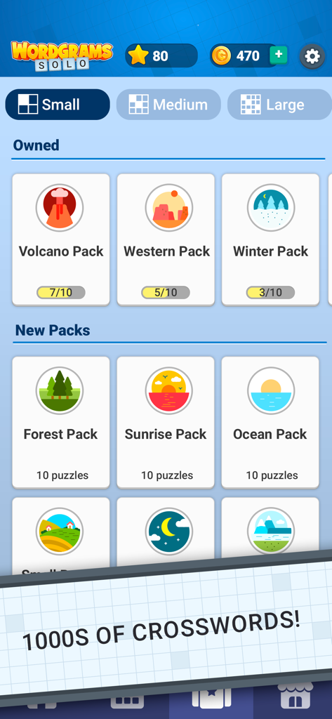 Menu screen of the Wordgrams Solo app displaying various themed crossword puzzle packs like Volcano, Forest, and Sunrise.