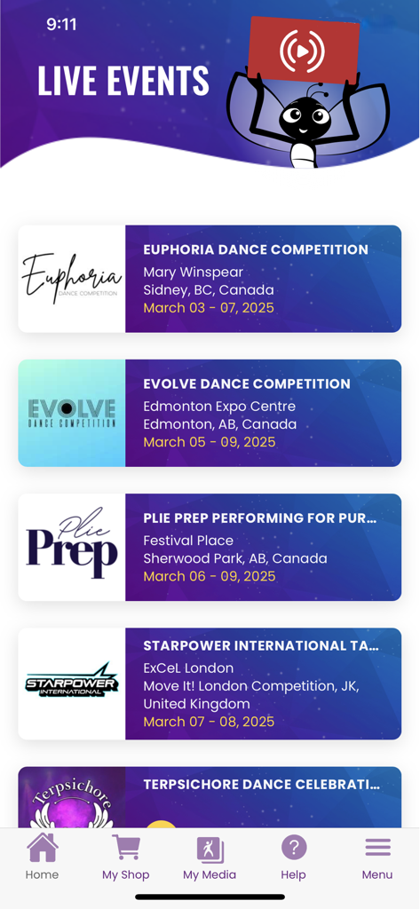 DanceBUG - Une liste des prochaines compétitions de danse en direct sur l'interface de l'application mobile DanceBUG.