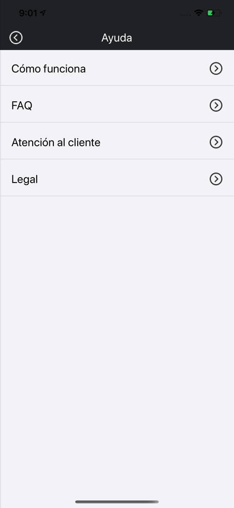 Menú de ayuda de la aplicación Motiños con opciones sobre cómo funciona, preguntas frecuentes, atención al cliente e información legal