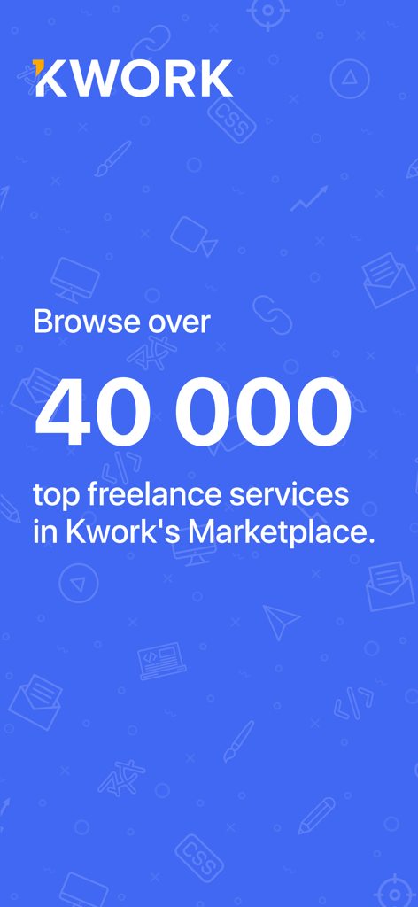 Kwork app screen showing over 40000 freelance services in the marketplace