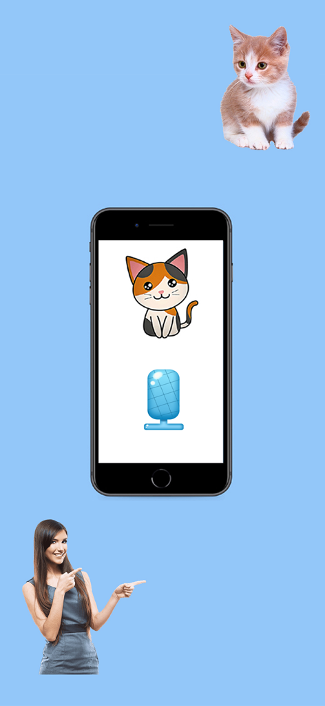 Cat Translator: Cat to Human - Cat Translator app interface on a smartphone with a kitten and a woman pointing