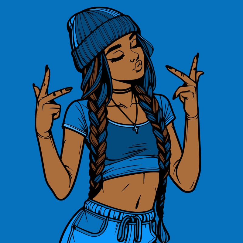 realistic teenage girl with braids and a beanie and crop top doing 🫶🏼