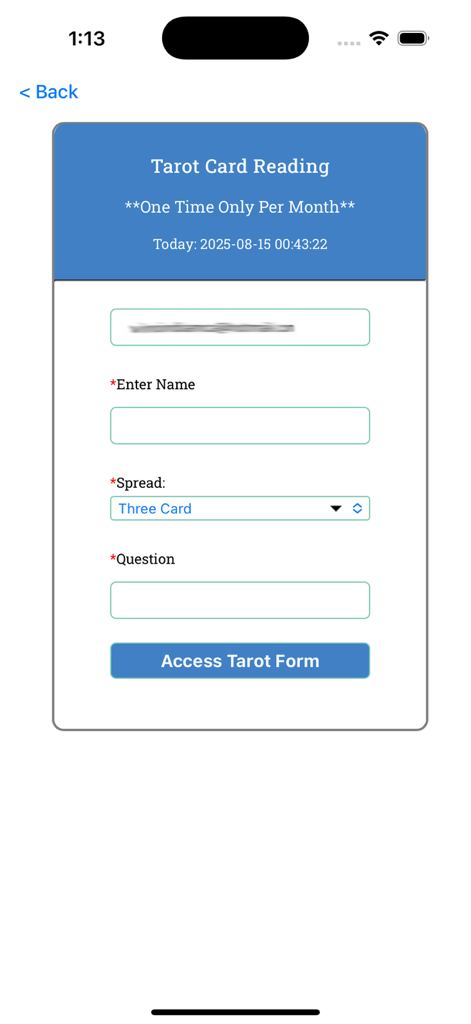 Monthly tarot card reading request form in the Terry Nazon app