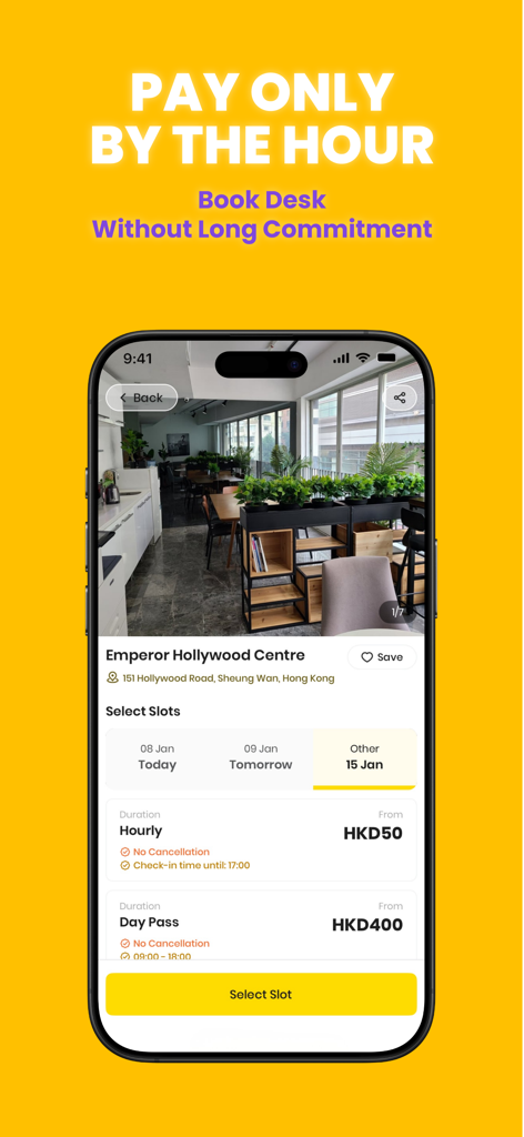 Flow app interface showing how to book a workspace desk by the hour with flexible time slots.