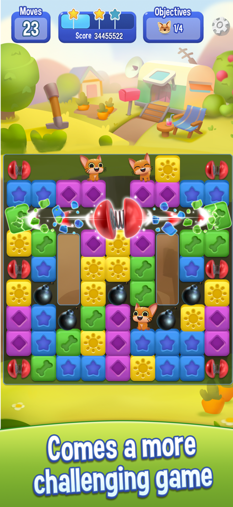 Pet Rescue Saga - Una captura de pantalla del juego de Pet Rescue Saga que muestra un colorido puzzle de bloques con lindos gatitos y un potenciador rojo en uso.