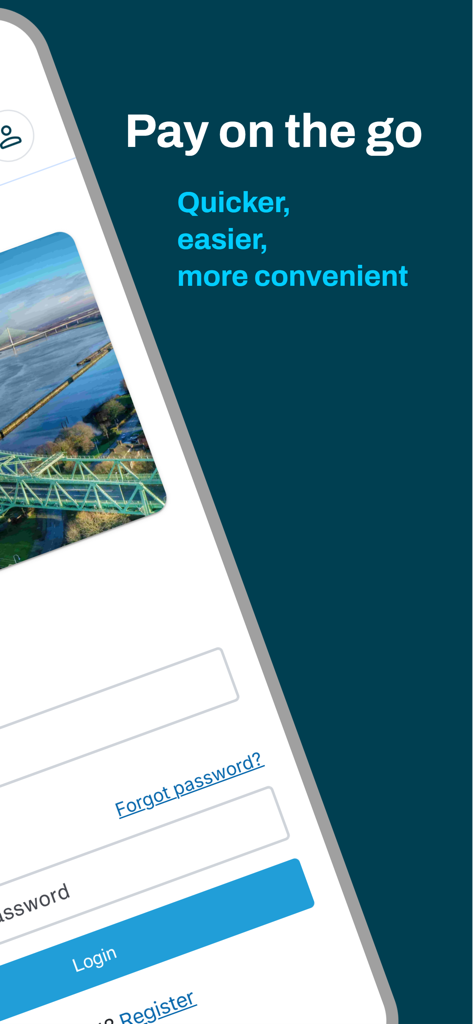 Merseyflow Quick Pay - Merseyflow Quick Pay app login screen with a view of the Mersey Gateway bridge