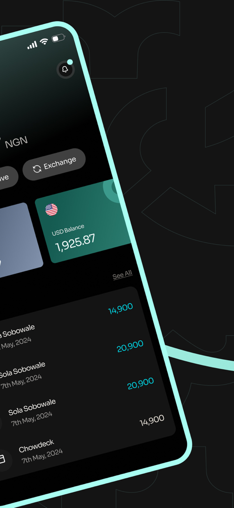 Bank78 app dashboard showing a USD balance and recent transaction history on a dark themed interface