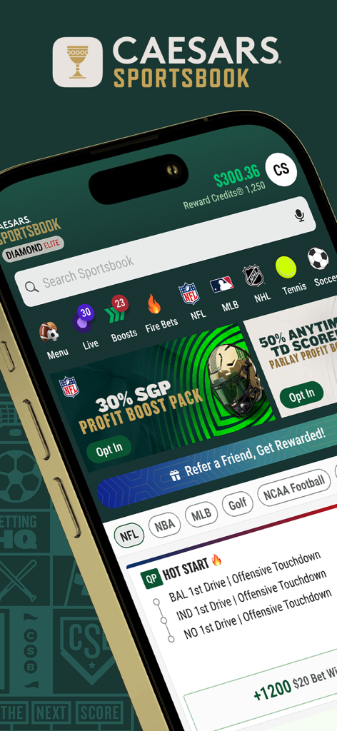 Caesars Sportsbook - Caesars Sportsbookモバイルアプリのインターフェース。スポーツベッティングカテゴリとリワード残高を表示しています。