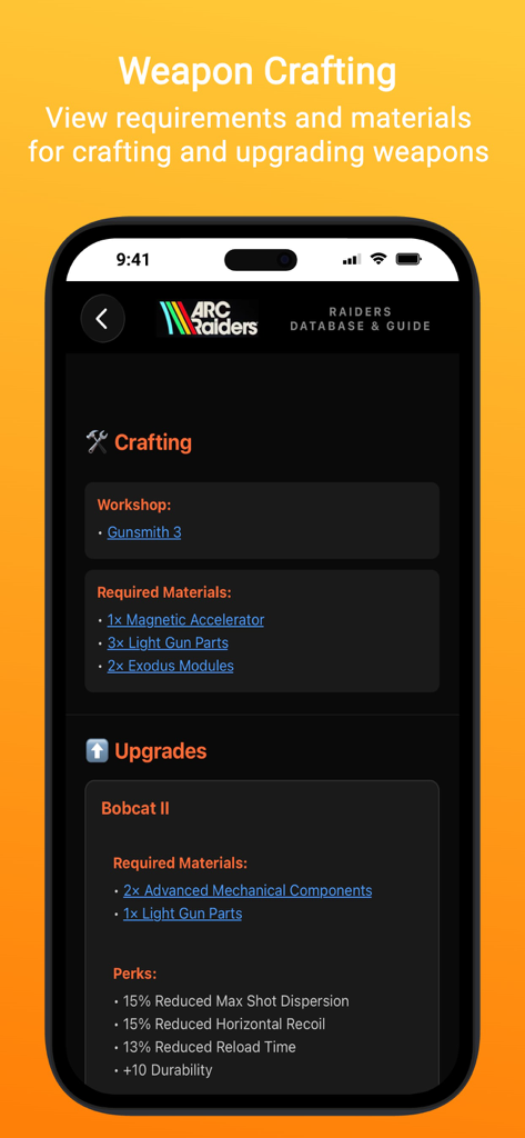 ARC Intel: A Raiders Database - ARC Intel app screen showing detailed weapon crafting materials and upgrade perks for ARC Raiders