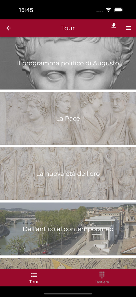 Ara Pacis Roma - Mobile app interface showing a list of themed audio tours for the Ara Pacis museum in Rome including Augustus political program and the Golden Age.