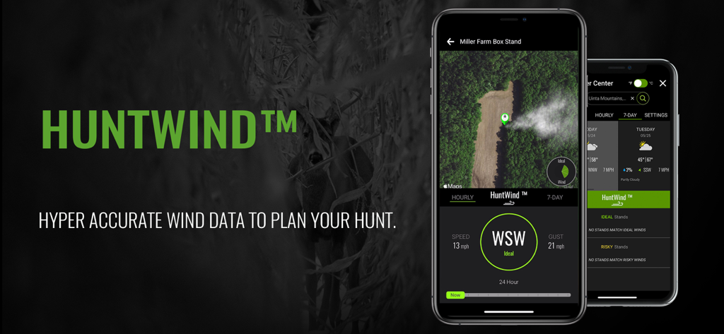 BaseMap app interface showing the HuntWind feature for accurate wind direction and speed data to plan a hunt