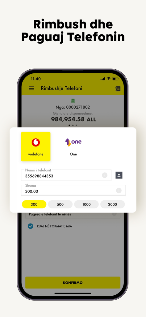 Interface of Raiffeisen ON mobile banking app for topping up phone credit in Albania.