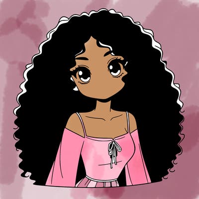 a black anime girl with long afro hair