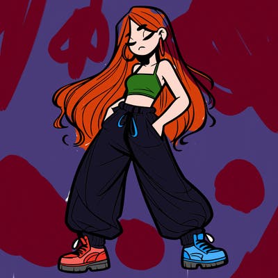 girl in baggy pants crop top and long hair