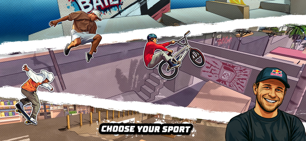 Red Bull Playgrounds - Illustrated athletes performing skate BMX and parkour tricks with the text choose your sport