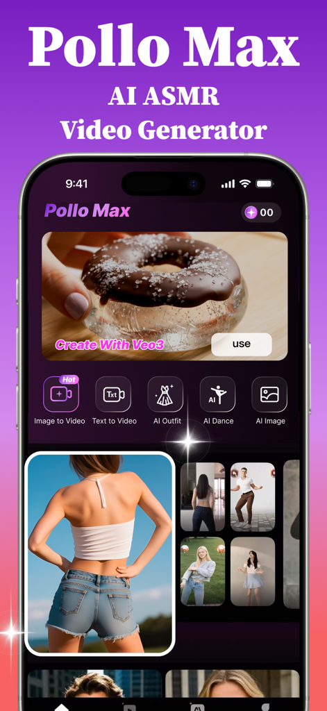 Pollo Max: AI ASMR Video Maker - Pollo Max app interface displaying AI video generation tools including AI ASMR and AI Dance.