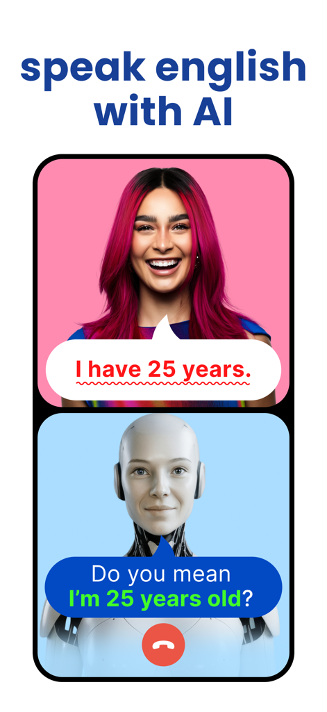 사용자가 실시간 문법 교정을 제공하는 AI 튜터와 영어 대화를 연습하는 모습