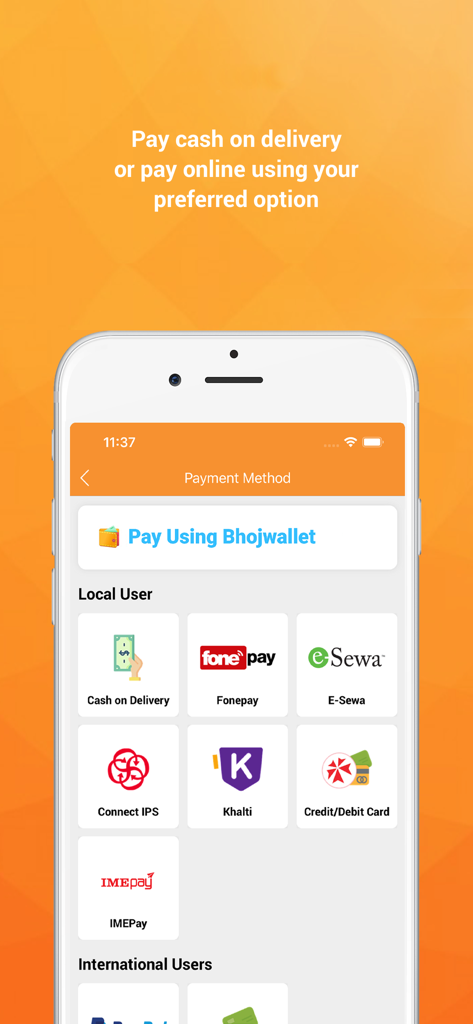 Bhojdeals (Now Bhoj) - Bhoj app interface showing local and international payment options like Bhojwallet eSewa and credit cards