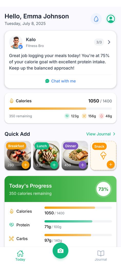 Kaloria - AI Calorie Tracker - The main dashboard of the Kaloria app showing daily calorie progress and AI nutrition coach feedback