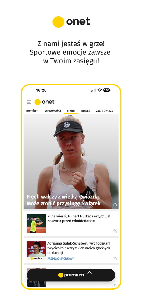Onet - wiadomości - Onet news mobile app interface displaying a sports news section with articles about Polish athletes