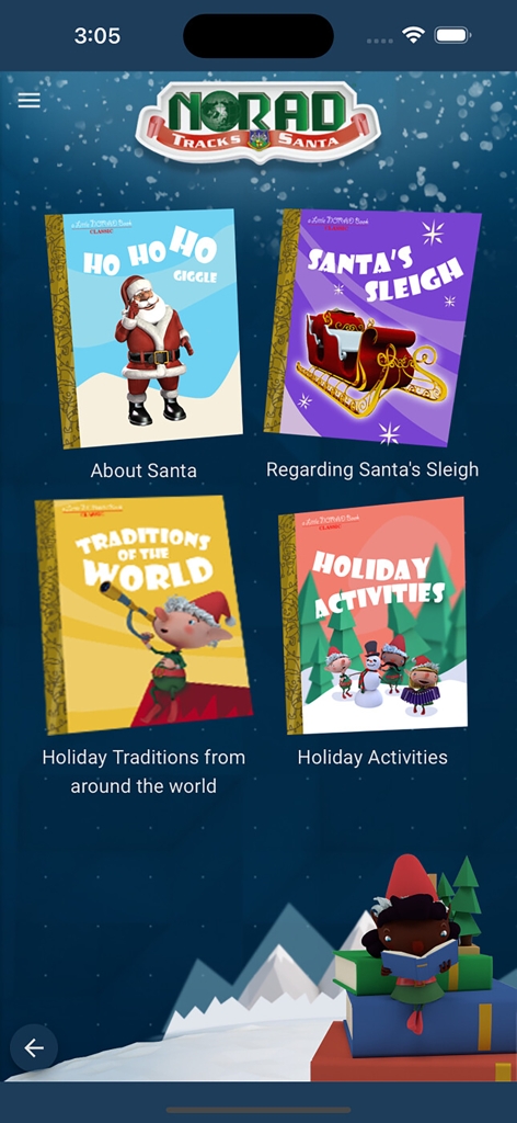 NORAD Tracks Santa Claus - NORAD Tracks Santa app library screen featuring digital holiday storybooks for children