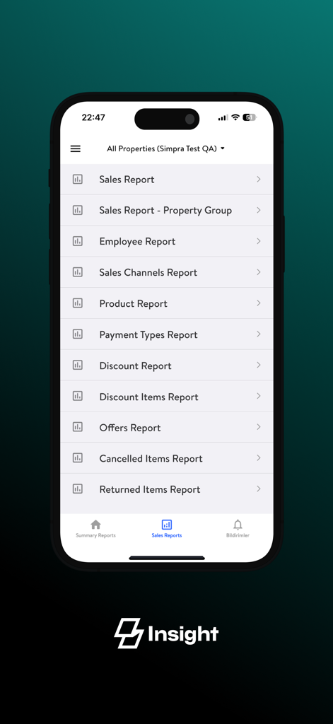 Simpra Insight - Sales Report - Tableau de bord mobile de Simpra Insight montrant divers rapports de ventes et de gestion de restaurant.