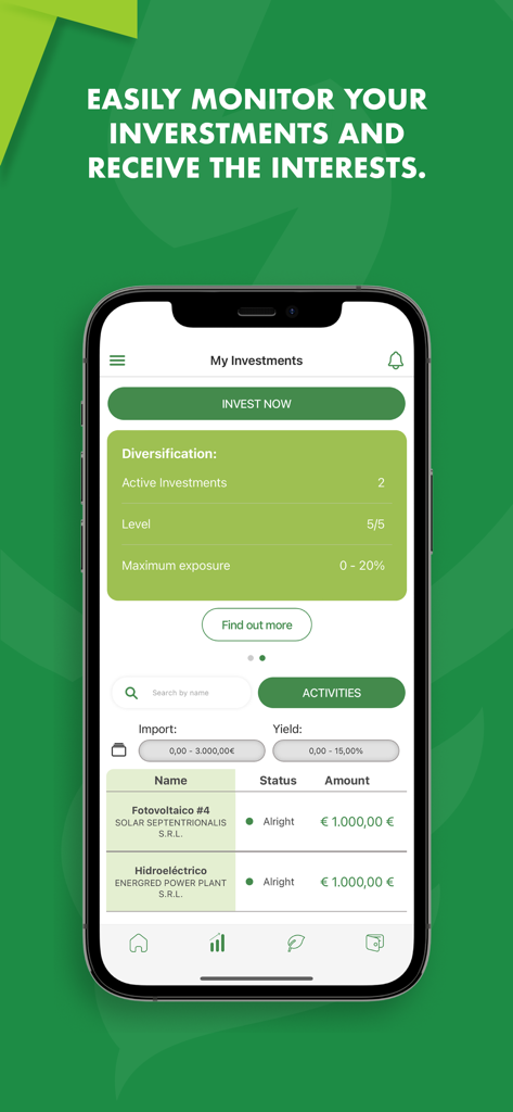 Ener2Crowd - Ener2Crowd app dashboard showing sustainable investment portfolio and active green projects