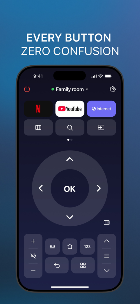 Universal TV Remote Control ⁺ - A smartphone screen displaying a universal TV remote control app interface with shortcut buttons for Netflix and YouTube and a large navigation pad.