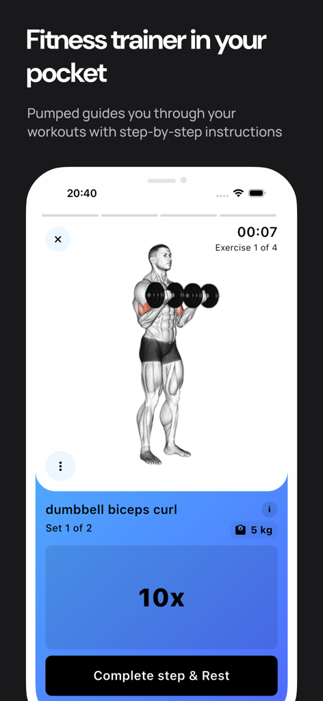 Pumped Workout Tracker Gym Log - Pumped app interface showing a dumbbell biceps curl exercise with step by step instructions.