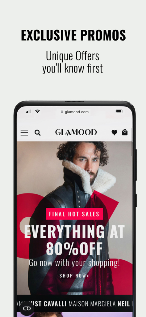 Glamood - Glamood mobile app screen showing exclusive promos and an eighty percent discount on luxury fashion