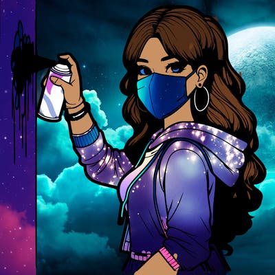 realistic girl with mask spray painting a wall