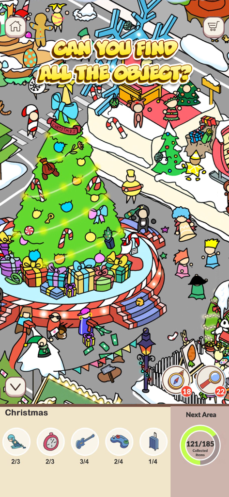 A festive Christmas themed hidden object game screen featuring a large decorated tree and gifts