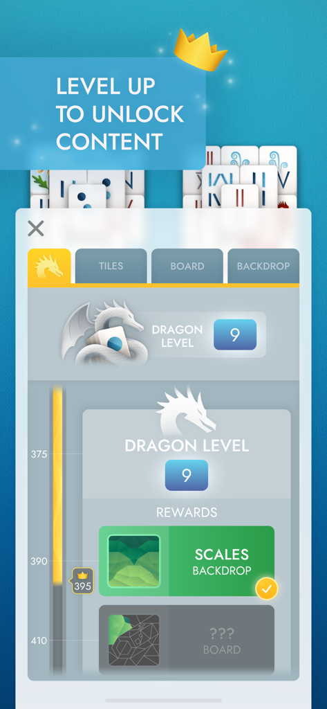 Captura de tela do jogo Mahjong mostrando o progresso do nível do dragão e recompensas de plano de fundo desbloqueadas