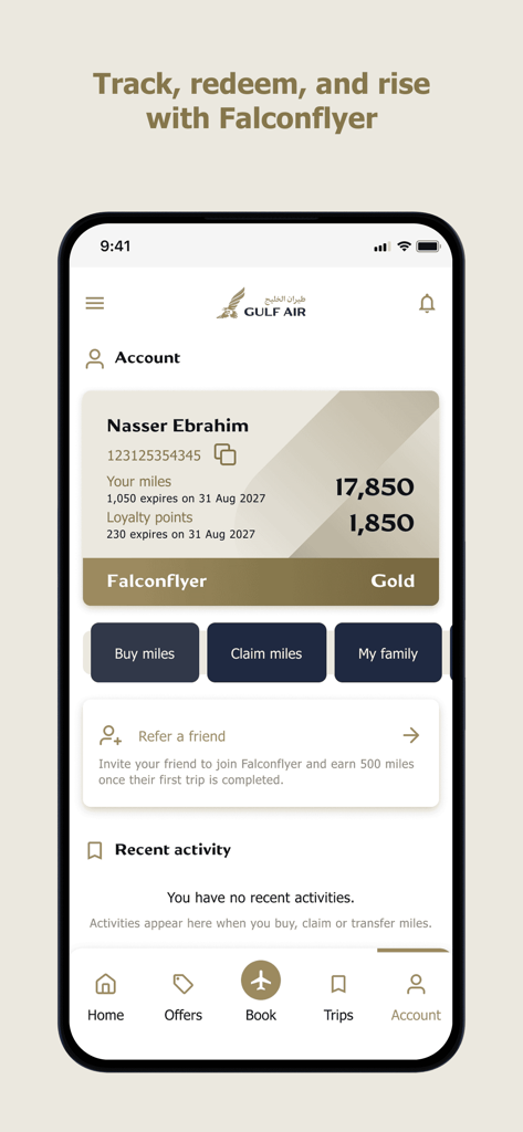Gulf Air - Gulf Air mobile app account screen for FalconFlyer members showing Gold status and earned miles