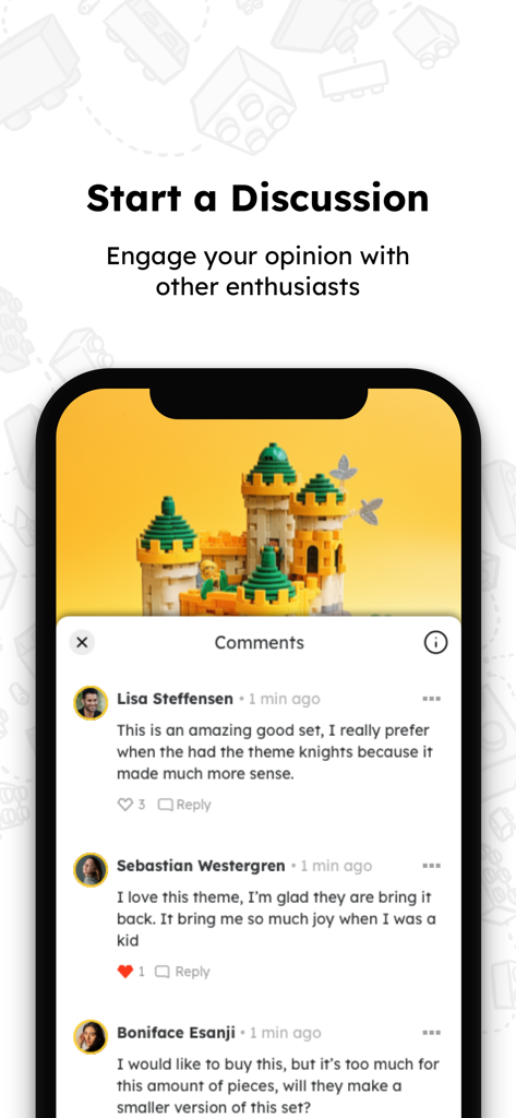 Brick News - A mobile app interface of Brick News showing a discussion screen with user comments about a brick castle set.