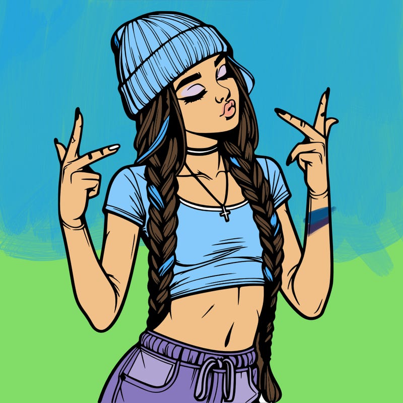 realistic teenage girl with braids and a beanie and crop top doing 🫶🏼