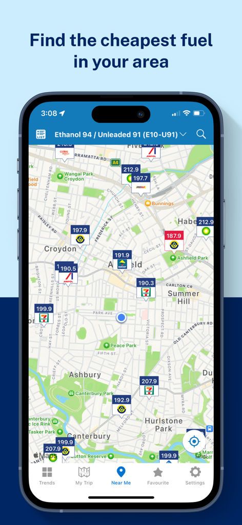 NSW FuelCheck mobile app map interface displaying real-time fuel prices at local gas stations